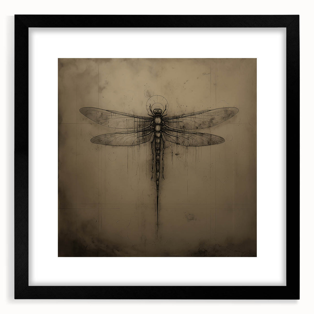 Framed wall art featuring a detailed dragonfly design, showcasing intricate insect and arachnid elements with a black mat and frame, perfect for nature enthusiasts.