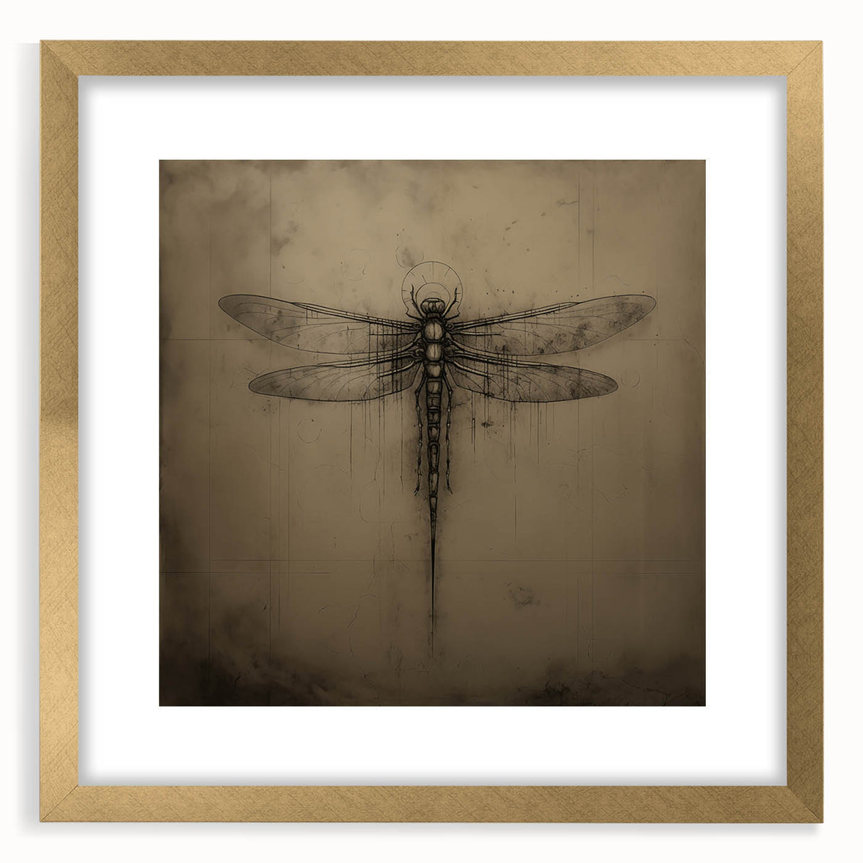 Dragonfly wall art design framed in gold with a mat, showcasing intricate insect and arachnid motifs, ideal for nature-inspired home decor.
