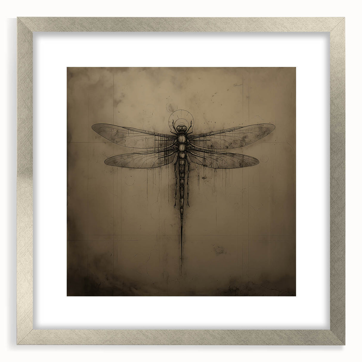 Framed wall art featuring a detailed dragonfly design in a silver frame with a mat, showcasing vibrant colors and intricate patterns, perfect for nature enthusiasts.