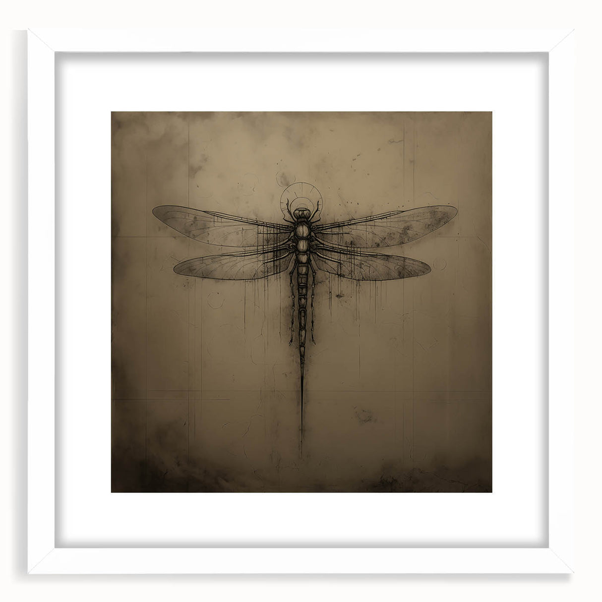 Framed wall art featuring a detailed dragonfly design from the Insect and Arachnid collection, showcased in a white mat and frame, ideal for nature-themed decor.