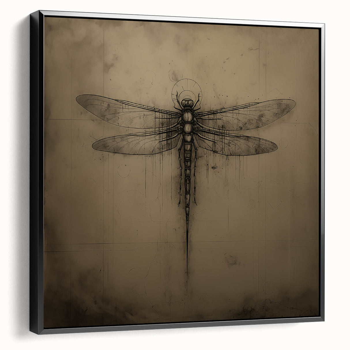 Framed canvas wall art showcasing a detailed dragonfly design, featuring vibrant colors and intricate patterns, presented from a black side view for a modern aesthetic.