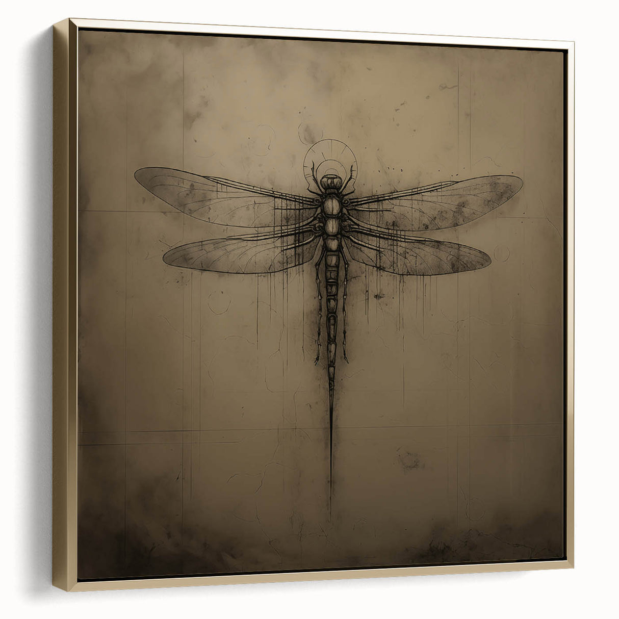 Framed wall art showcasing a vibrant dragonfly design in gold tones, set against a textured background, perfect for adding elegance to home decor.