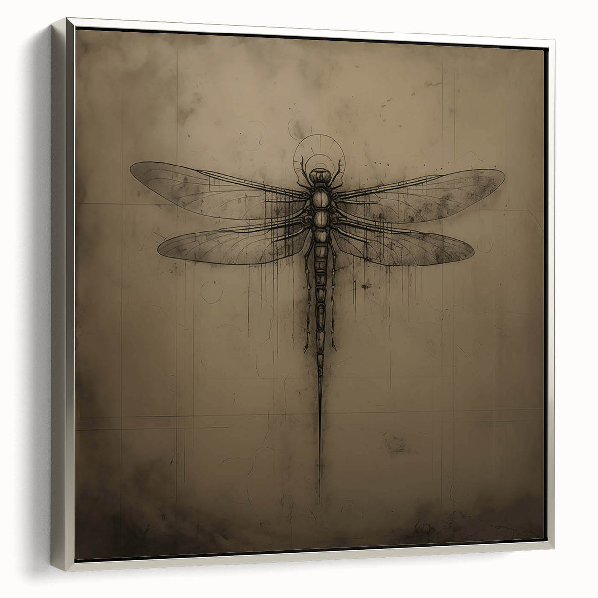 Framed wall art featuring a detailed dragonfly design on canvas, set against a silver background, showcasing intricate colors and textures, perfect for nature enthusiasts.