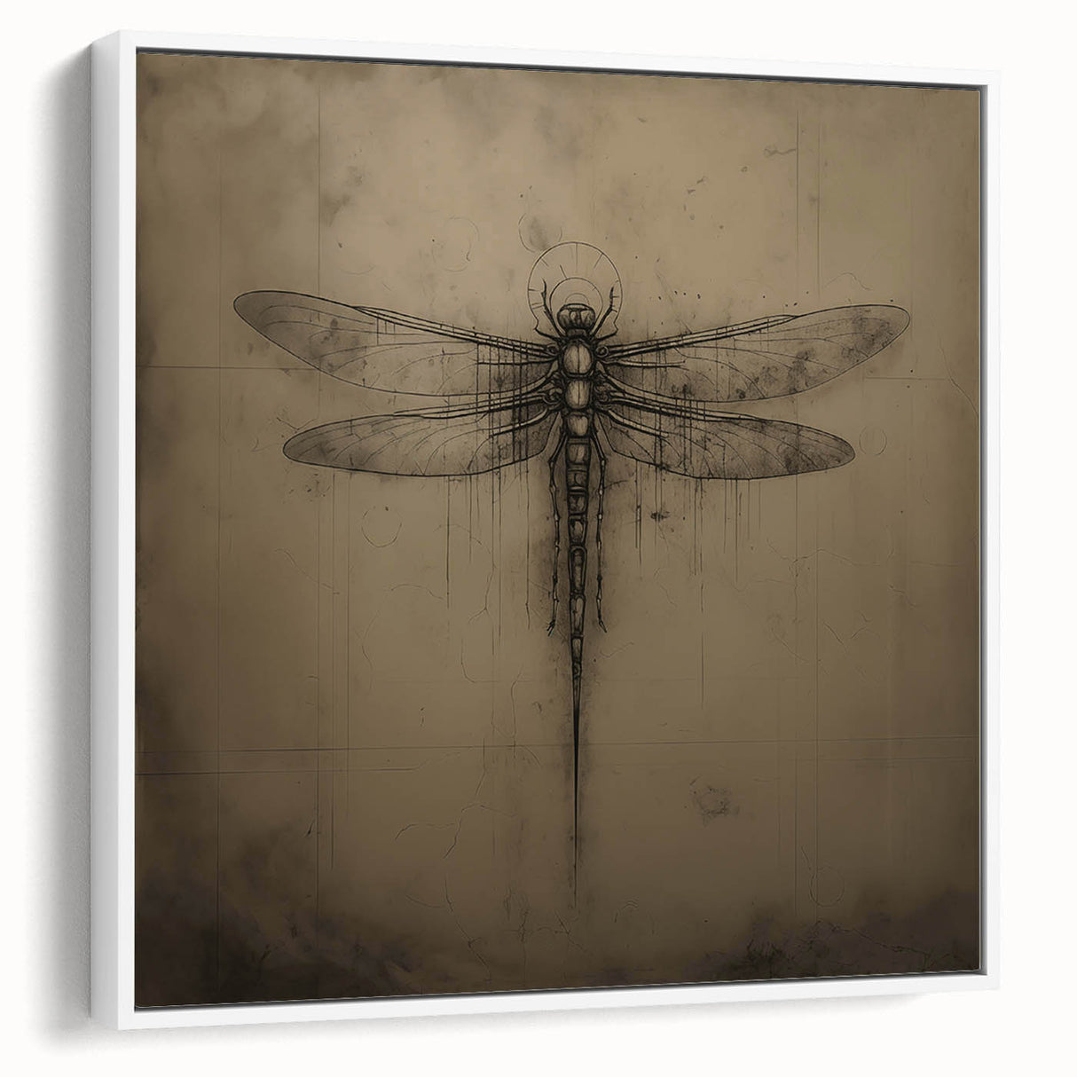 Framed canvas wall art featuring a vibrant dragonfly design on a white background, showcasing intricate details and colorful accents, ideal for nature-themed decor.