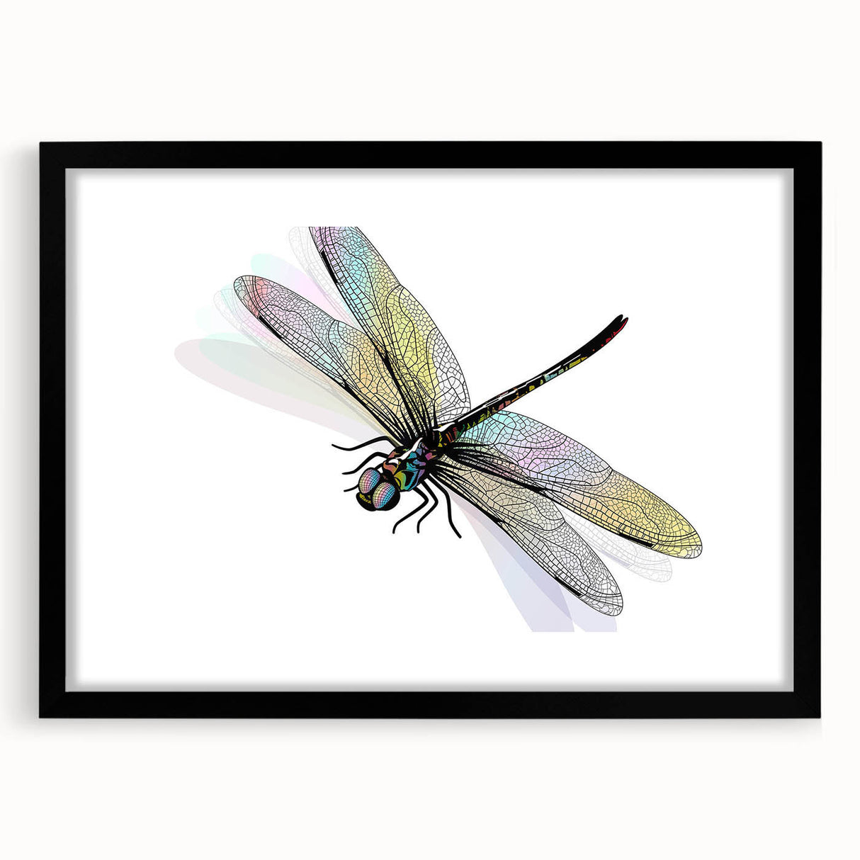 Framed wall art featuring a detailed dragonfly design from the Insect and Arachnid collection, showcasing vibrant colors and intricate features, set against a classic black frame with a mat. Ideal for nature lovers and home decor enthusiasts.