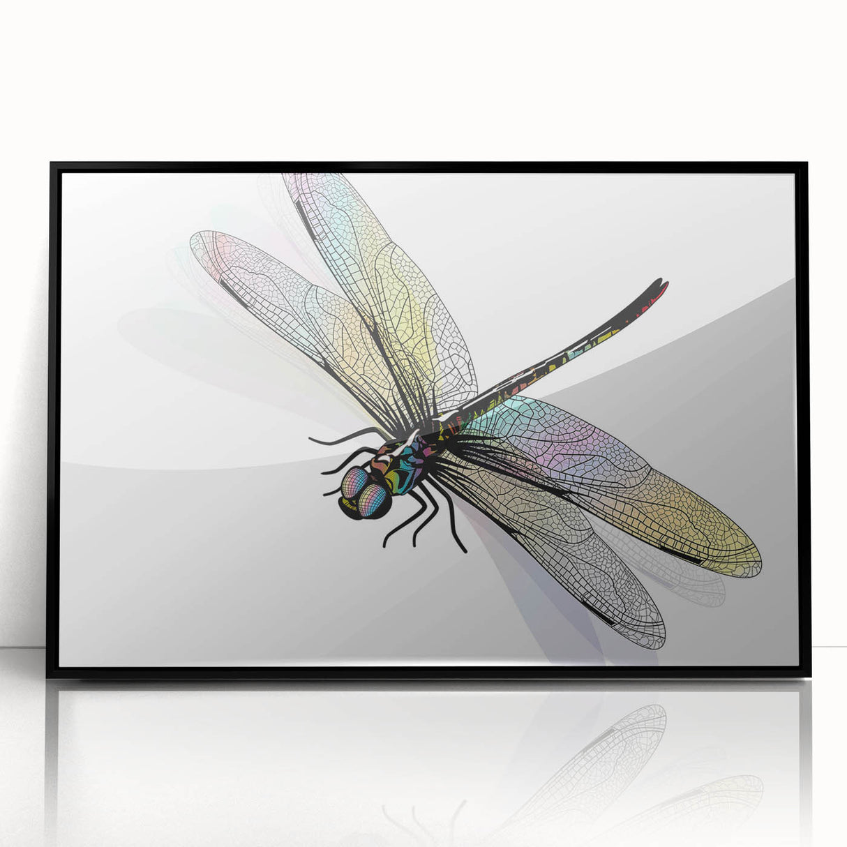Framed wall art featuring a detailed dragonfly design with vibrant colors on a black background, perfect for nature lovers and home decor enthusiasts.