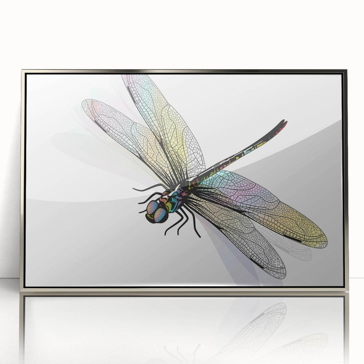 Framed wall art featuring a detailed dragonfly design in vibrant colors, showcasing intricate patterns on a silver-accented background for an elegant home decor accent.