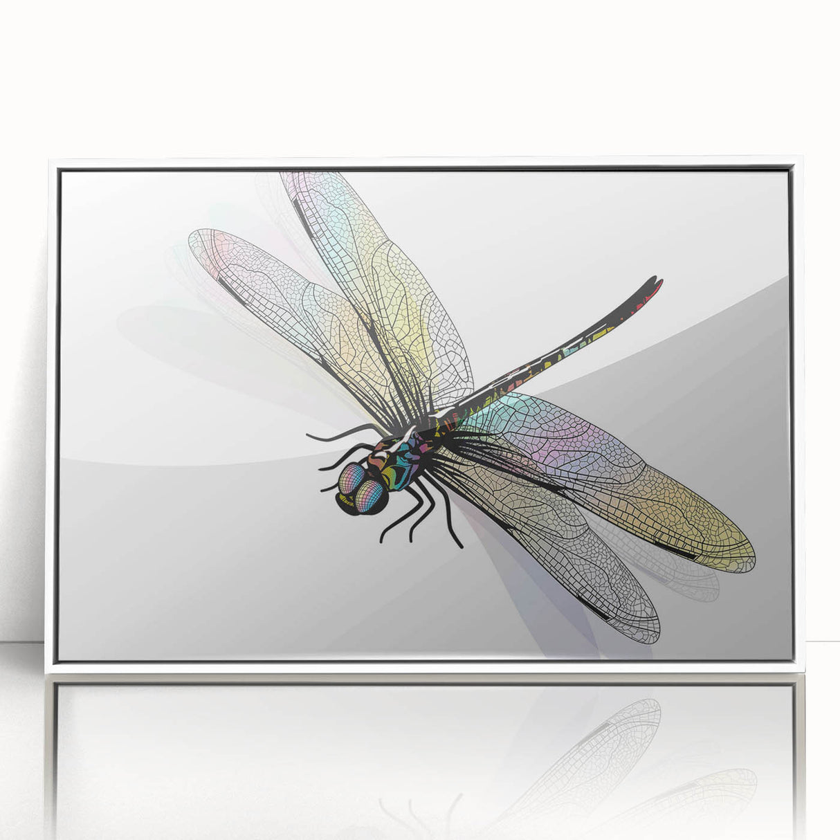 Framed acrylic wall art showcasing a vibrant dragonfly design in a modern white frame, ideal for nature-inspired home decor and artistic accents.