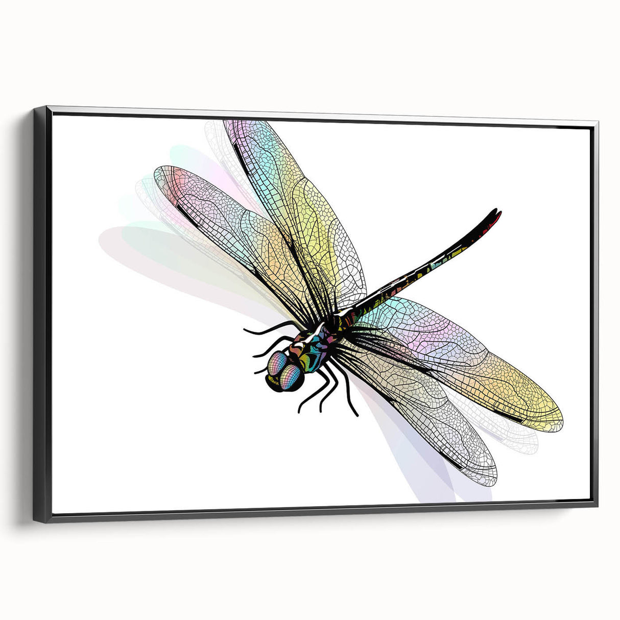 Framed wall art featuring a detailed dragonfly design in vibrant colors, showcasing intricate patterns on a black background, ideal for nature-themed decor.