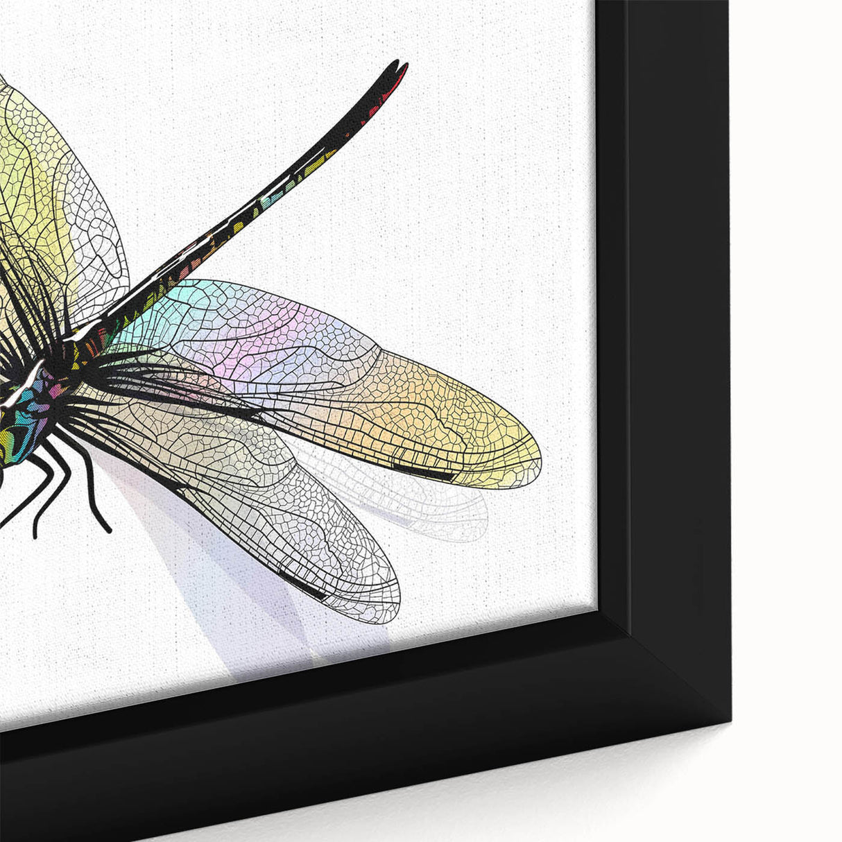 Close-up view of a framed canvas wall art featuring a vivid dragonfly design, showcasing intricate details and vibrant colors, perfect for nature-inspired decor.