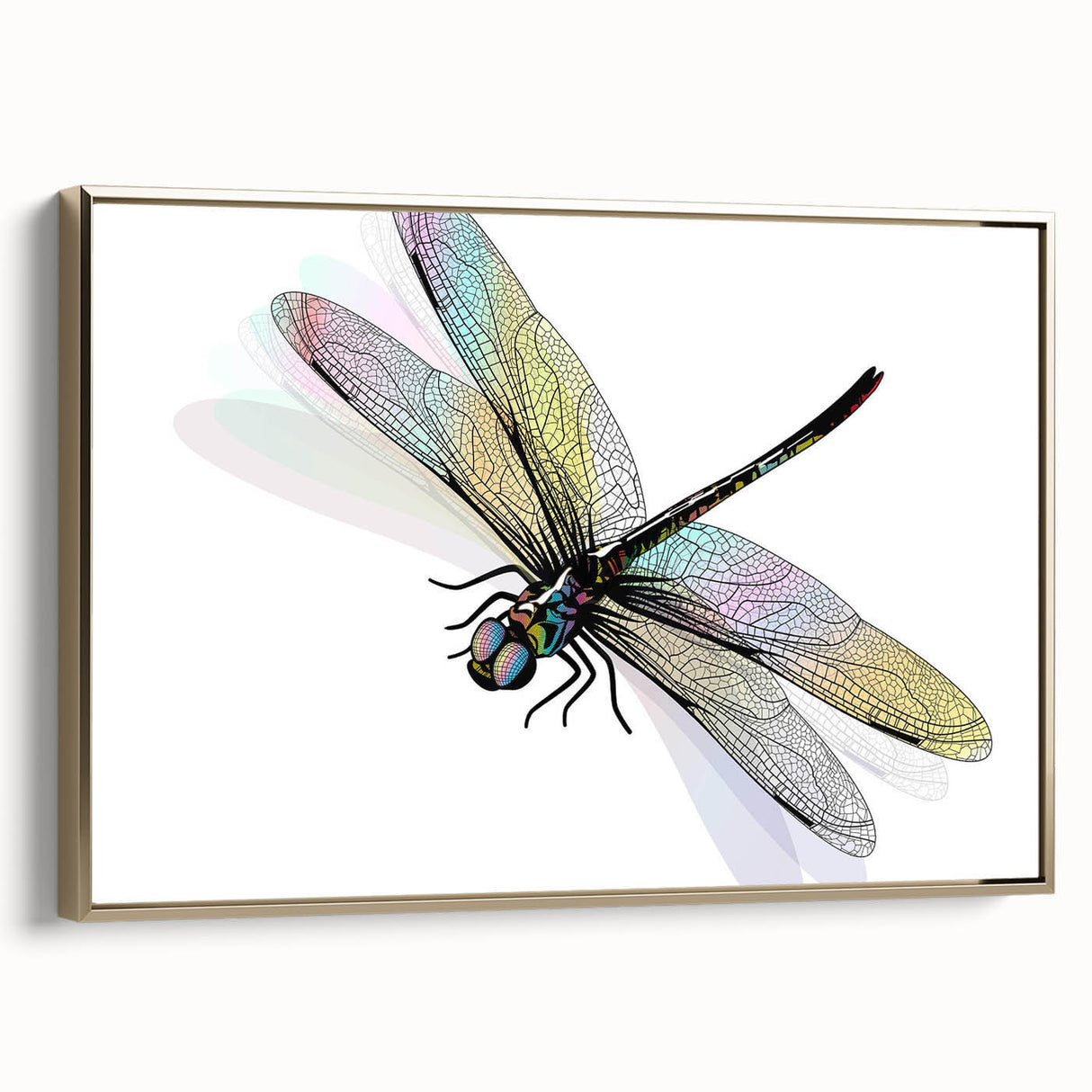 Framed canvas wall art featuring a detailed dragonfly design with intricate patterns in gold hues, perfect for adding elegance to home decor. Ideal for nature lovers and art enthusiasts.