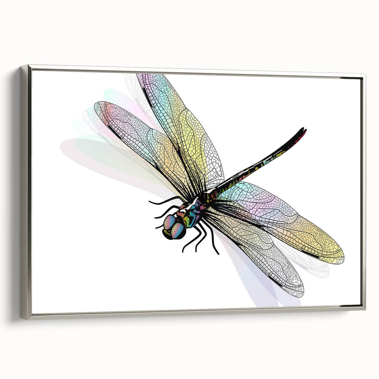 Framed canvas wall art featuring a detailed dragonfly design, with intricate colors of blue and green, set against a silver frame for a modern touch. Perfect for nature lovers and home decor enthusiasts.
