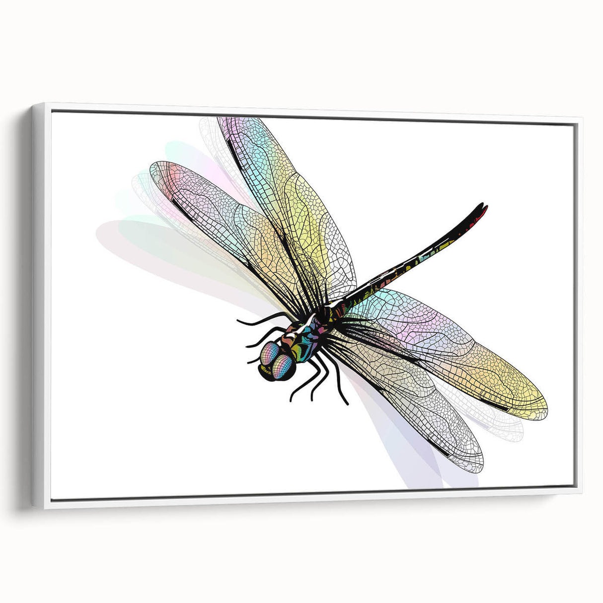 Framed wall art featuring a delicate dragonfly design in vibrant colors, showcasing intricate details against a white background. Ideal for nature-themed decor.