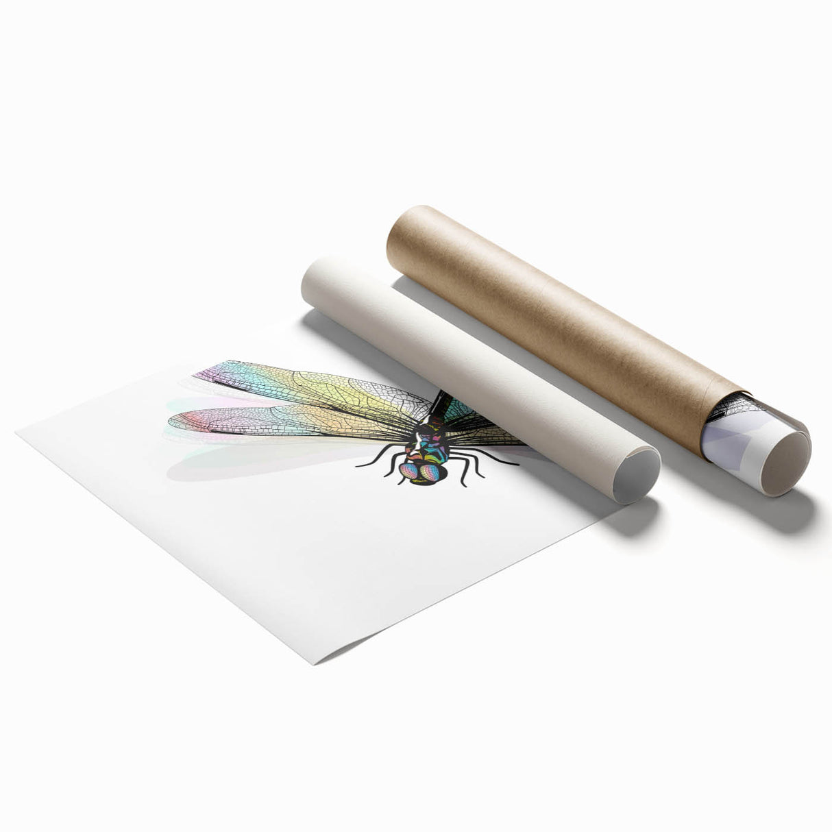 Vibrant dragonfly wall art print showcasing intricate insect and arachnid designs, rolled and ready for framing, ideal for nature-themed home decor.