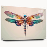 Detailed wall art design featuring a dragonfly and arachnid motif displayed on acrylic glass, showcasing vibrant colors and intricate details, ideal for nature-inspired decor.