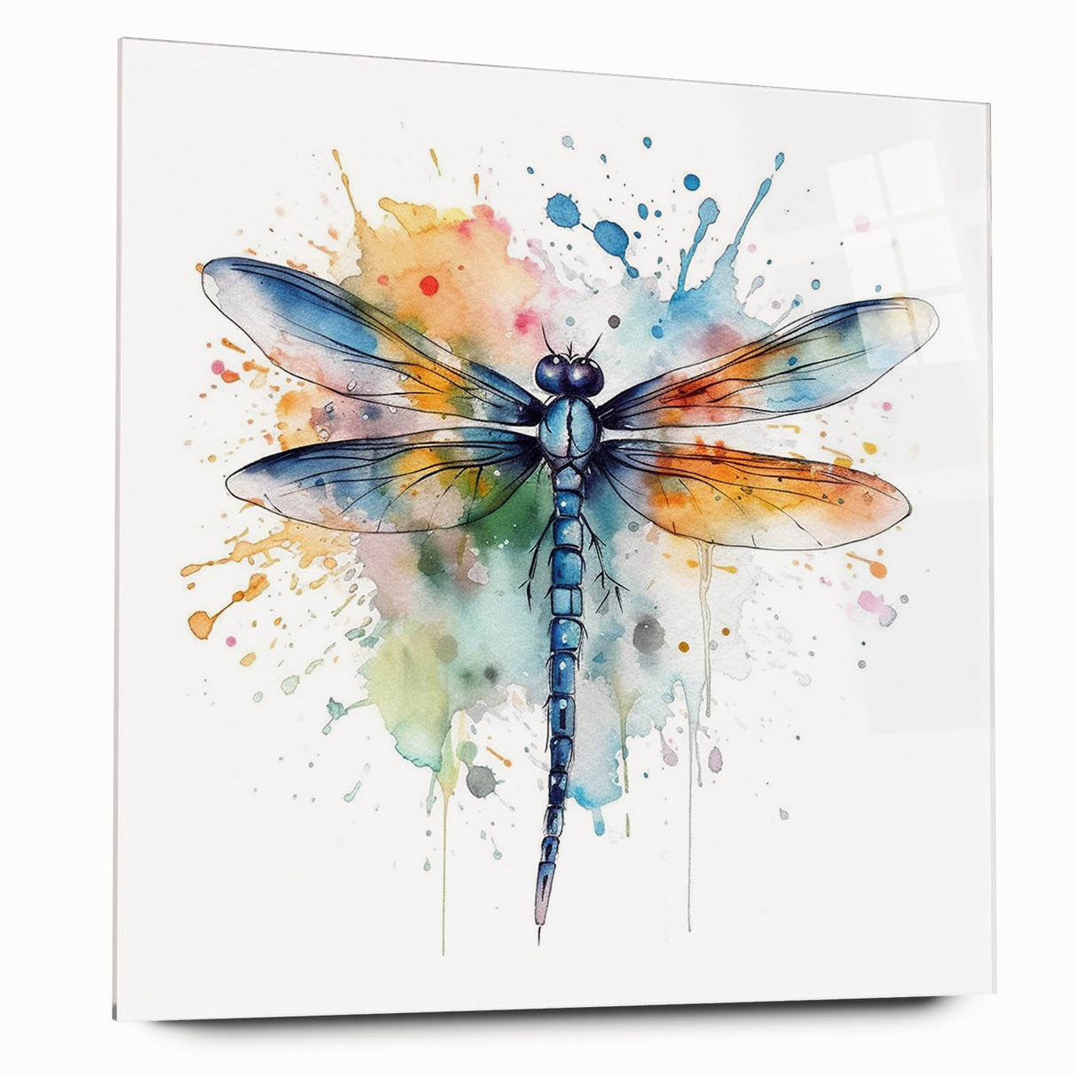 Vibrant dragonfly wall art design displayed in a sleek acrylic glass frame, showcasing intricate details and colors, perfect for modern home decor.