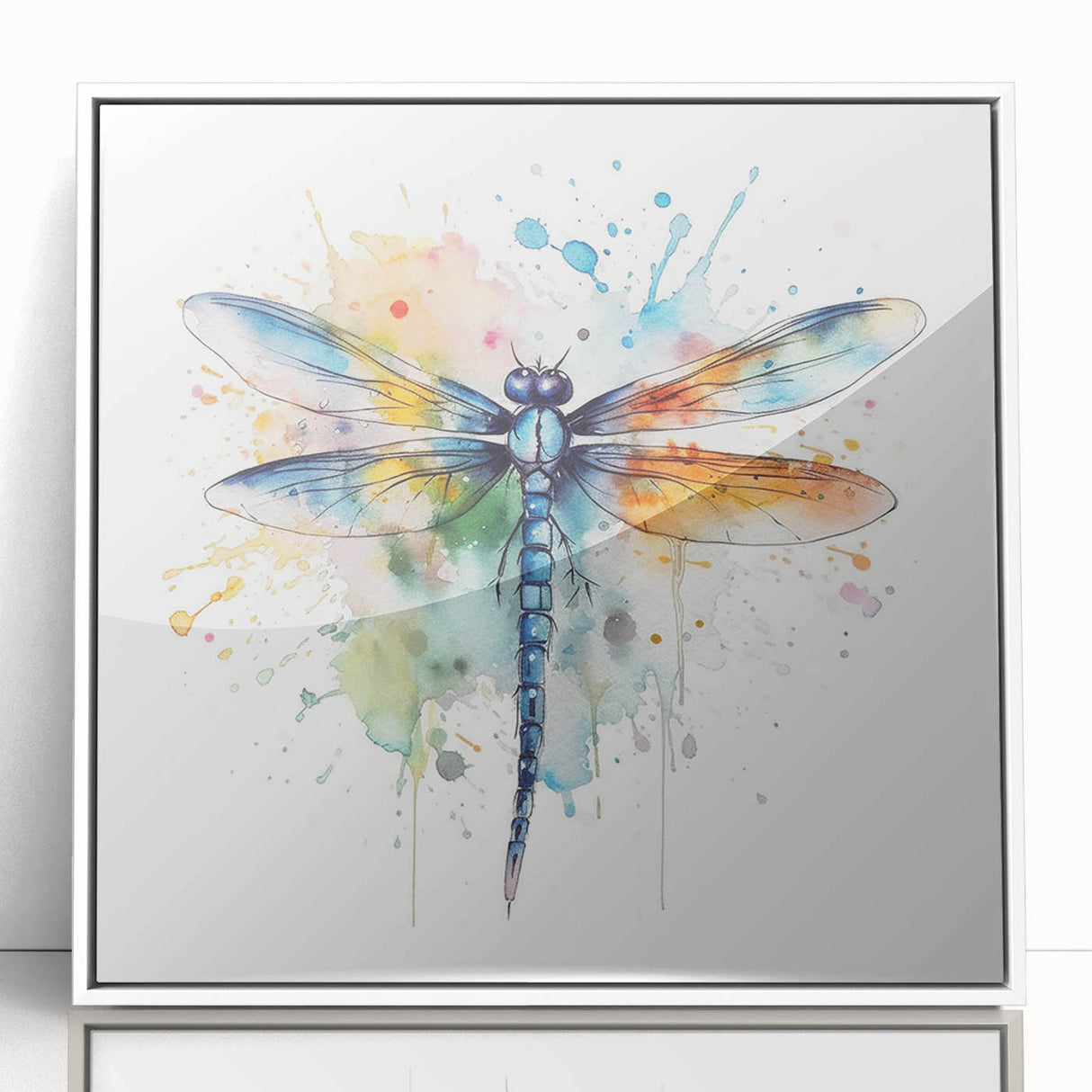 Framed wall art featuring a detailed dragonfly design, showcasing vibrant colors on a white background. Perfect for nature lovers and home decor enthusiasts.