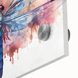 Close-up of a vibrant dragonfly wall art design, showcasing intricate details and colors on acrylic glass, ideal for nature-themed decor in modern interiors.