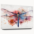 Side view of a dragonfly-inspired wall art piece in acrylic glass, showcasing intricate insect and arachnid designs with vibrant colors, perfect for modern decor.