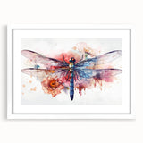 Colorful dragonfly wall art framed in white with a mat, showcasing intricate insect and arachnid designs, perfect for nature enthusiasts' decor.