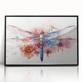 Framed wall art featuring a detailed dragonfly design in vibrant colors, set against a sleek black frame, perfect for nature enthusiasts and modern decor.