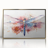 Framed wall art featuring a detailed dragonfly design in vibrant colors, set in an elegant gold frame, perfect for enhancing modern home decor.