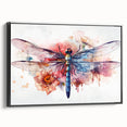 Framed wall art showcasing a detailed dragonfly design, with intricate patterns in vibrant colors on a black background, perfect for nature enthusiasts.