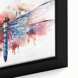 Close-up of a framed canvas wall art design showcasing a vibrant dragonfly surrounded by intricate insect and arachnid patterns, ideal for nature-themed decor.