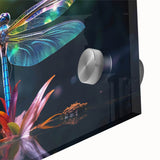 Close-up of a vibrant dragonfly design wall art piece, showcasing intricate details and vivid colors on acrylic glass, perfect for nature-themed decor.