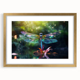 Framed wall art featuring a detailed dragonfly design with a gold mat, showcasing vibrant colors and intricate patterns, perfect for nature enthusiasts’ decor.