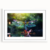 Framed wall art featuring a vibrant dragonfly design, showcasing intricate details and colors, elegantly presented with a white mat for a modern aesthetic.