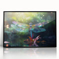 Framed wall art featuring a detailed dragonfly design, showcasing vibrant colors on acrylic with a sleek black frame, perfect for nature-inspired decor.