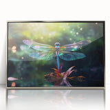 Framed wall art featuring a vibrant dragonfly design, showcasing intricate details and silver accents, perfect for enhancing modern home decor.