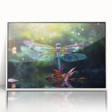 Framed wall art featuring a vibrant dragonfly design, showcasing intricate details in blue and green colors against a white background, perfect for nature enthusiasts and home decor.