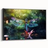 Framed canvas wall art showcasing a detailed dragonfly design with intricate patterns and vibrant colors, set against a black background for a striking effect. Perfect for nature lovers and modern decor enthusiasts, this piece adds a unique touch to any space.