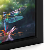 Close-up of a beautifully framed canvas print showcasing a vibrant dragonfly design, featuring intricate details and vivid colors, ideal for nature-themed decor.
