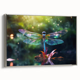 Framed canvas wall art featuring a detailed dragonfly design in vibrant colors, showcased in a sleek silver frame, perfect for nature-inspired decor.