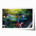 Decorative wall art print featuring a vibrant dragonfly design in shades of blue and green, ideal for nature lovers and home decor enthusiasts. Perfect for adding a touch of whimsy to any room.