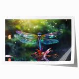 Decorative wall art print featuring a vibrant dragonfly design in shades of blue and green, ideal for nature lovers and home decor enthusiasts. Perfect for adding a touch of whimsy to any room.