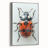 Framed wall art featuring a vibrant ladybug design on canvas, showcasing intricate details and rich colors, elegantly displayed from a side view with a sleek silver frame.