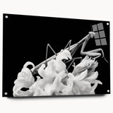 Side view of a unique mantis-themed wall art piece, crafted from acrylic glass, showcasing intricate insect designs with vibrant colors and stylish pin accents.