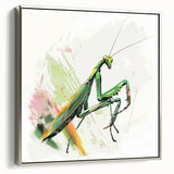 Framed wall art featuring a vibrant mantis design in a silver frame, showcasing intricate details and colors, perfect for insect enthusiasts and modern decor.