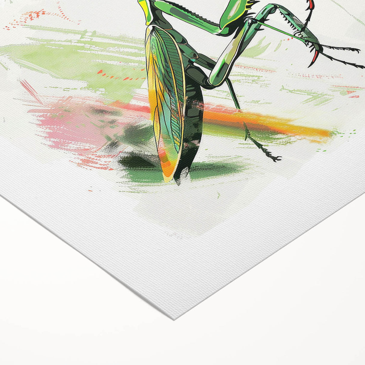 Stylish rolled canvas wall art showcasing a vibrant mantis design, perfect for insect enthusiasts, featuring intricate details and a textured finish, ideal for home decor.