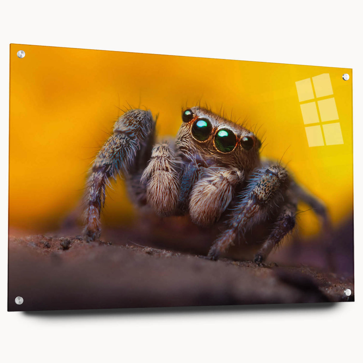 Acrylic glass wall art display featuring a detailed insect and arachnid spider design, showcasing vibrant colors and intricate patterns, mounted with decorative pins.