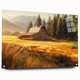 Acrylic glass wall art collection showcasing a side view of a rustic barn landscape design, featuring vibrant colors and detailed textures, ideal for home decor.