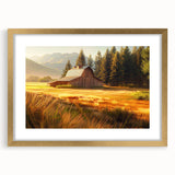 Elegant wall art featuring a landscape design of a rustic barn, framed in gold with a white mat, ideal for home decor or office settings, enhancing aesthetic appeal.