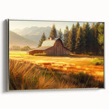 Framed canvas wall art showcasing a serene landscape with rustic barns, silver frame accentuating the artwork, ideal for home decor in modern or farmhouse styles.