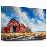 Acrylic glass wall art featuring a side view of a rustic barn landscape design, showcasing vibrant colors and detailed textures, ideal for home decor.