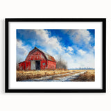 Framed black wall art featuring a vibrant landscape scene of rustic barns, showcasing rich colors and intricate details in a sleek black frame with a mat, ideal for enhancing home decor.