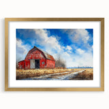 Elegant gold-framed wall art featuring a picturesque landscape with rustic barns, showcasing vibrant colors and intricate detailing, perfect for home décor.